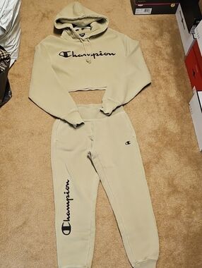 Champion Beige Cropped Hoodie and Joggers Set